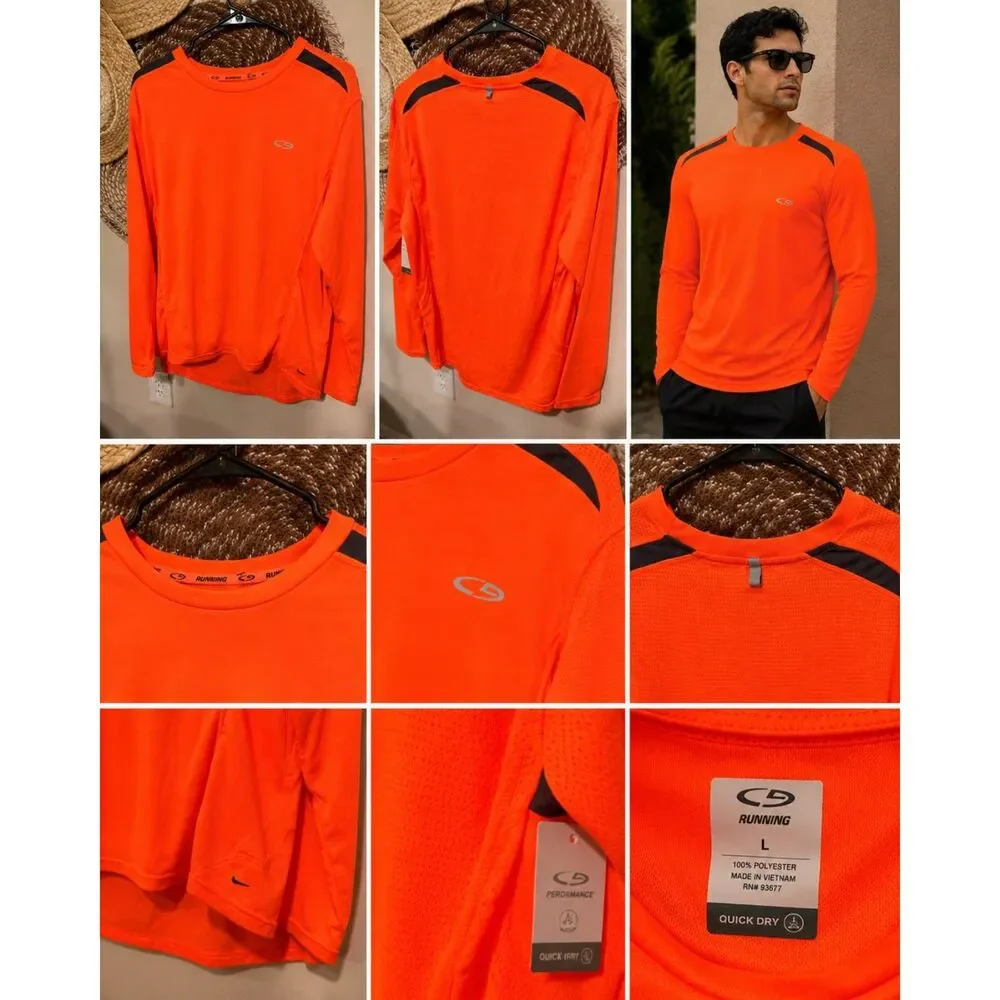 Men’s Orange Quick-Dry Long-Sleeve Running Shirt Size Large